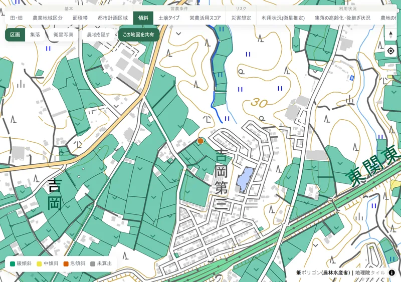 傾斜で色分けした農地区画の地図(成田市)