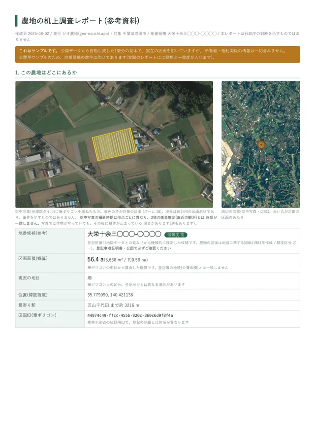 サンプルPDFの1ページ目。空中写真に区画を重ねた図、周辺の位置図、地番候補・面積・地目・位置・最寄り駅の表