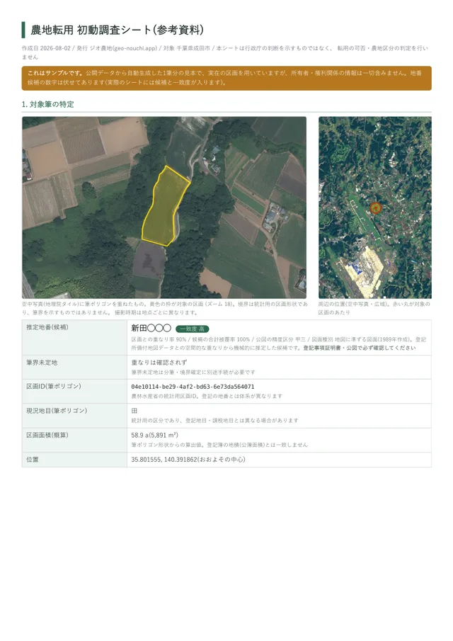 サンプルPDFの1ページ目。空中写真に区画を重ねた図、周辺の位置図、地番候補・面積・地目・位置・最寄り駅の表